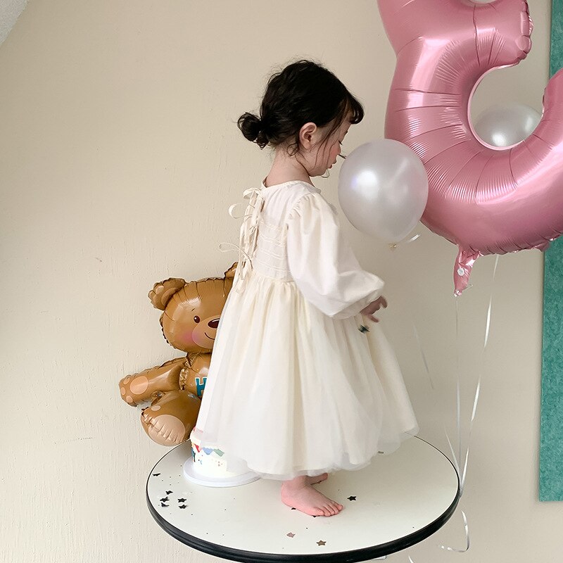 2022 Spring Korean Style Baby Girls Princess Dresses Puff Sleeve Solid Color Ball Gown Toddlers Kids Party Dress