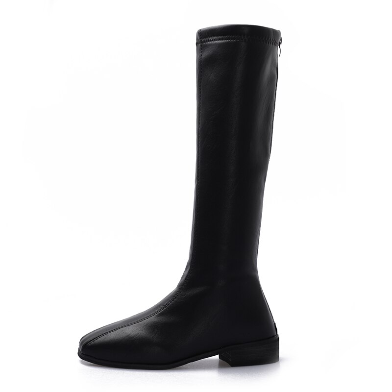 Meisjes hoge leren laarzen dames 3 cm lage hakken kniehoge laarzen dames zwarte winter warme lange schoenen dames: 38