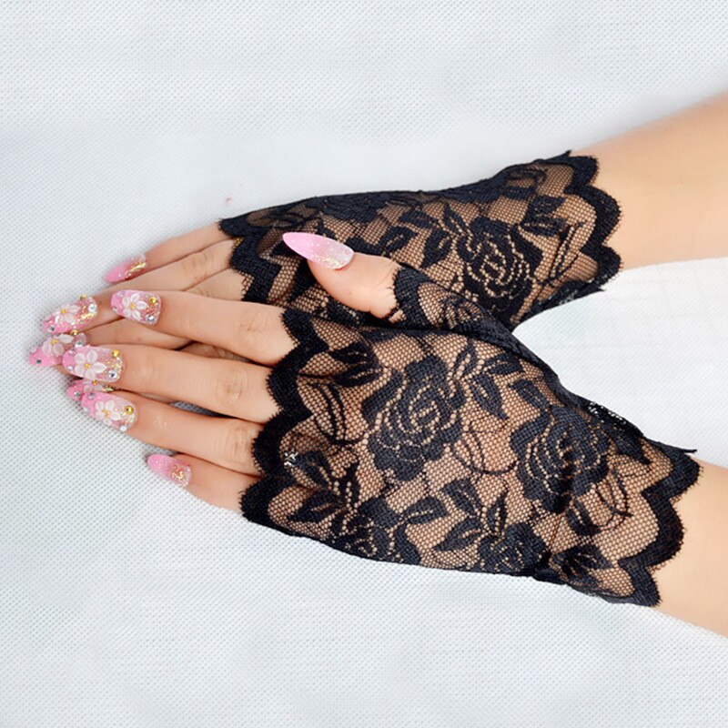 2022 frauen Jahrgang Erstaunliche Gothic Partei Sonnencreme sexy Spitze Fahren Handschuhe Kurz Handschuhe Anti-Uv Fäustlinge Finger Stil: Typ2-Schwarz