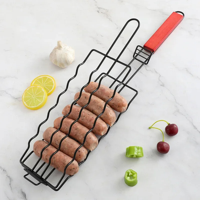 Cesta de grelha de aço inoxidável, ferramenta para churrasco, acessórios para grelhar, rack para cachorro-quente, carne vegetal, bife, camarão, suporte para kabob