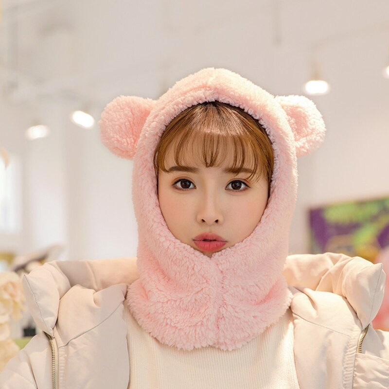 Vrouwen winter pluche warme capuchon muts sjaal schattige cartoon berenoren effen kleur thermische winddichte oorklep muts nekwarmer