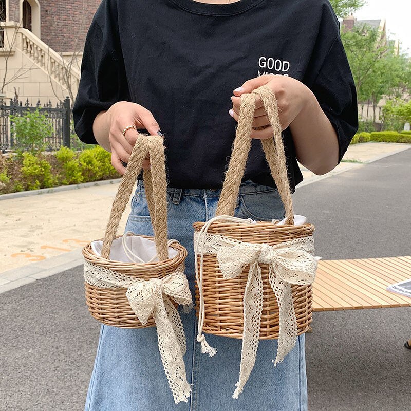 F Fityle Strohtasche Gewebt - Boho Handtasche Mit Kordelzug 24x20cm