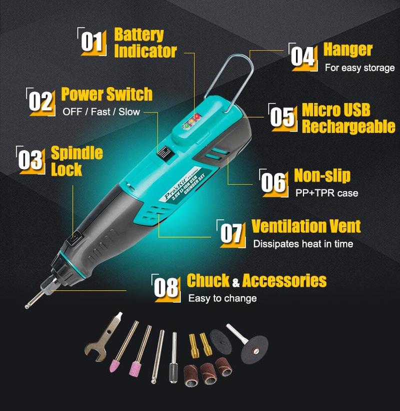 Pro&#39;sKit USB Grinder Set PT-5206U 3.6V Li-ion Electric Screwdriver Drilling, Polishing, Cutting Engraving Grinding Machine Kit
