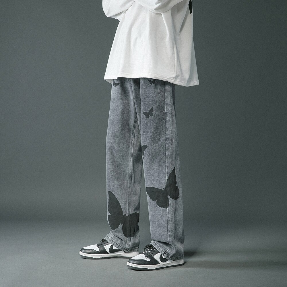 2022 Butterfly Print Jeans Men Pants Loose Baggy Jeans Casual Denim Pants Streetwear Straight Trousers Women Clothing: Black / XXXL