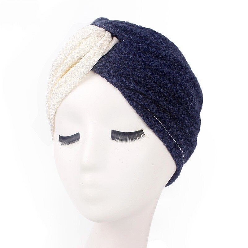Dromiya – Turban de luxe pour femmes, , haut croisé, Hijab, chimio, casquettes de sommeil, pour la perte de cheveux, le Cancer: WhiteNavyBlue