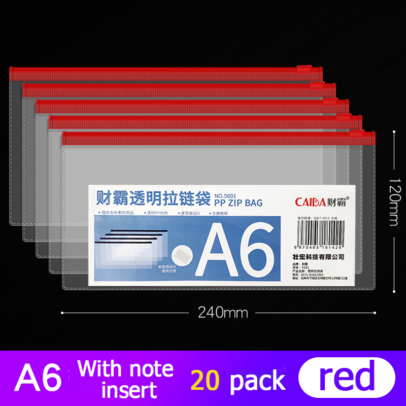 20Pcs Bestand Houder Transparant Plastic Informatie Tas A5 Rits Grote Capaciteit Boek Tas A4 Briefpapier Student Office Bestand Zak: A6 red