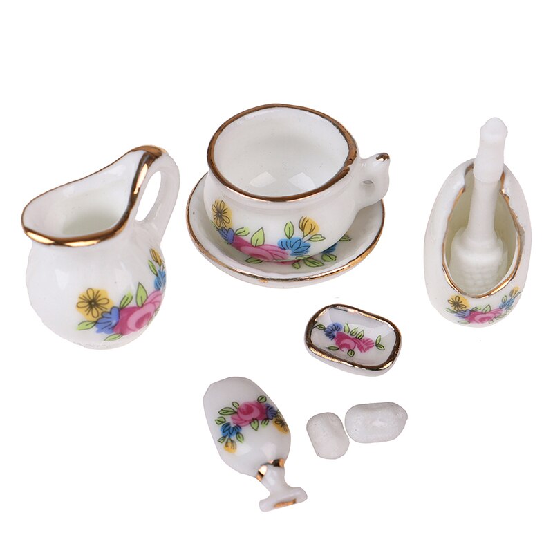 7Pcs/lot Dollhouse Miniature Dining Ware Porcelain Tea Set Dish Cup Plate -White Purple Flower Pattern