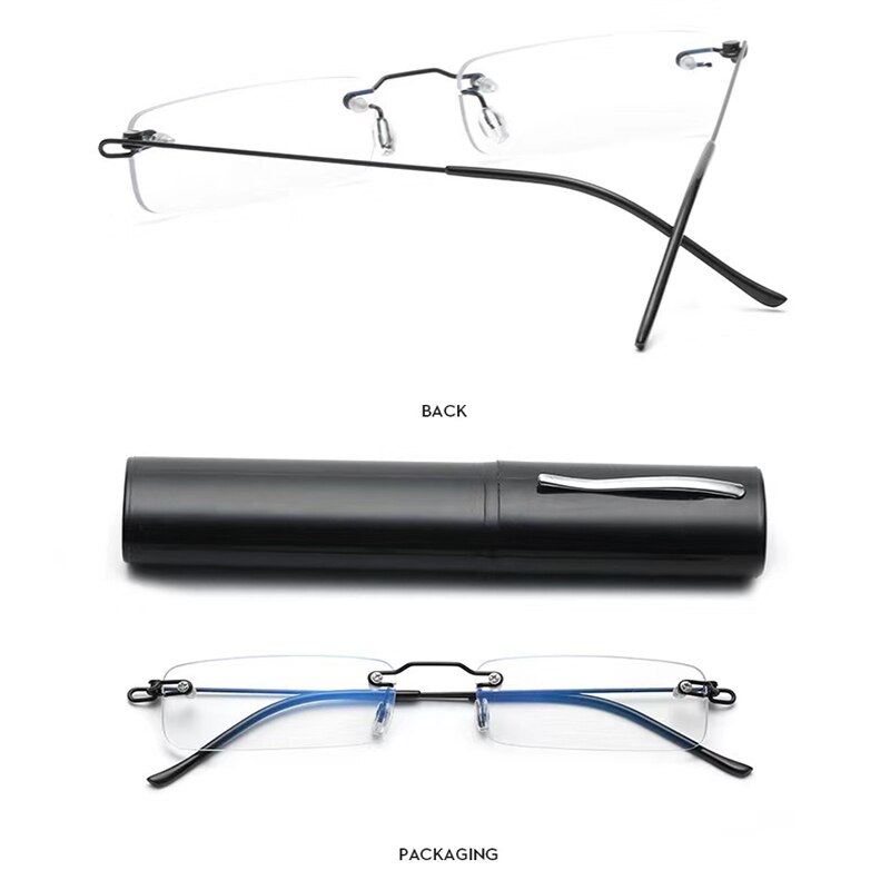 May Flower Anti-Blue Rimless Reading Glasses Square Metal Presbyopic Eyewear With Case Eyeglasses Men‘s Glasses For Sight Plus+4: Black / +250