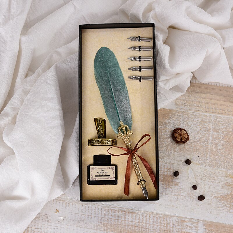 Luxury Fountain Pen Set Colorful Vintage Feather Pen Classic Calligraphy Ink Pens Dip Quill for Student Writing Pen Box set