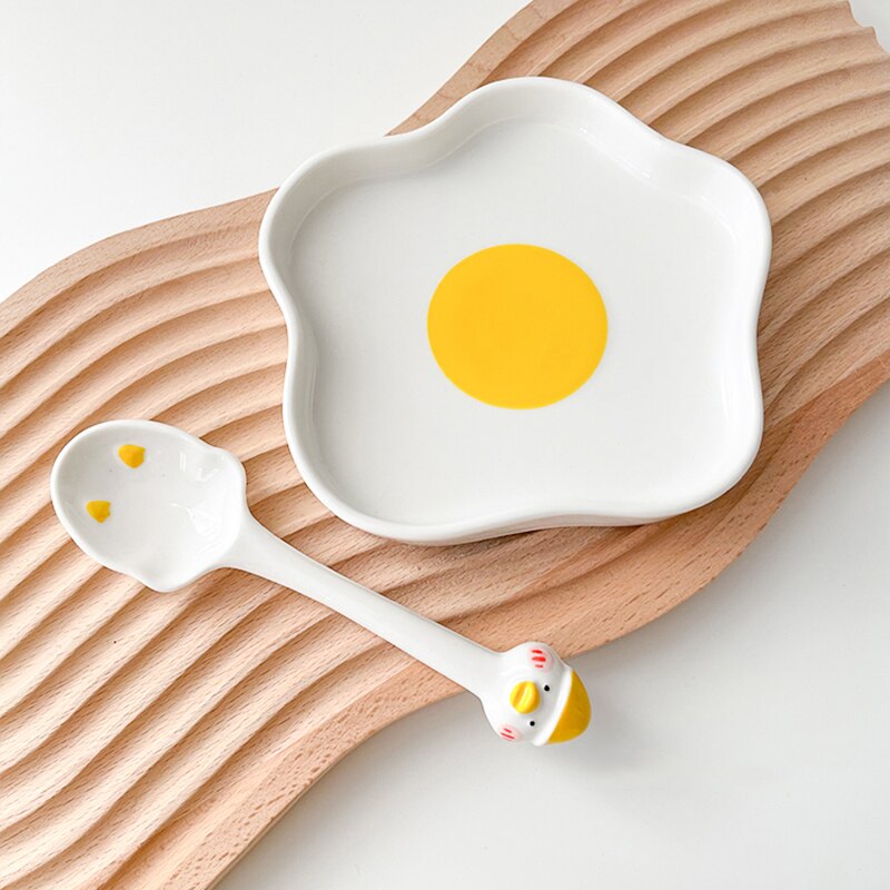 Assiette à œufs pour aliments en céramique Kawaii, gâteau de petit déjeuner, fruits, Dessert, salade, plats décoratifs avec cuillère, vaisselle de cuisine,: White A