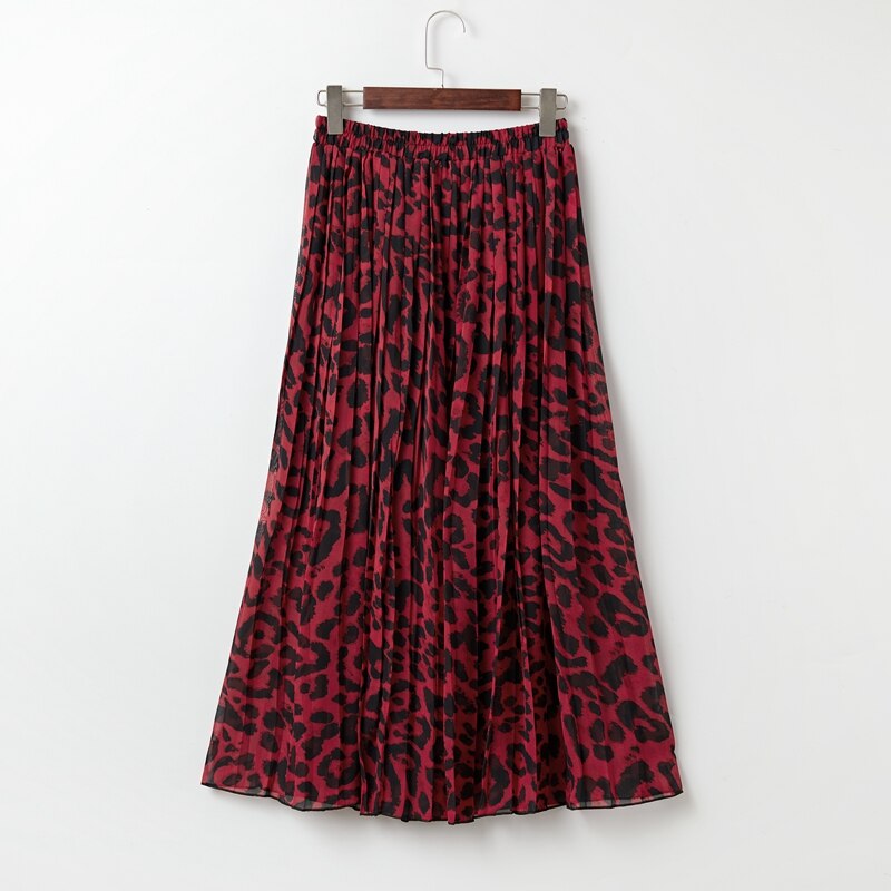 Jupe longue plissée en mousseline de soie pour femmes, motif léopard, style Boho, bleu, rouge, vert, Vintage, ligne a, été, automne: Rouge