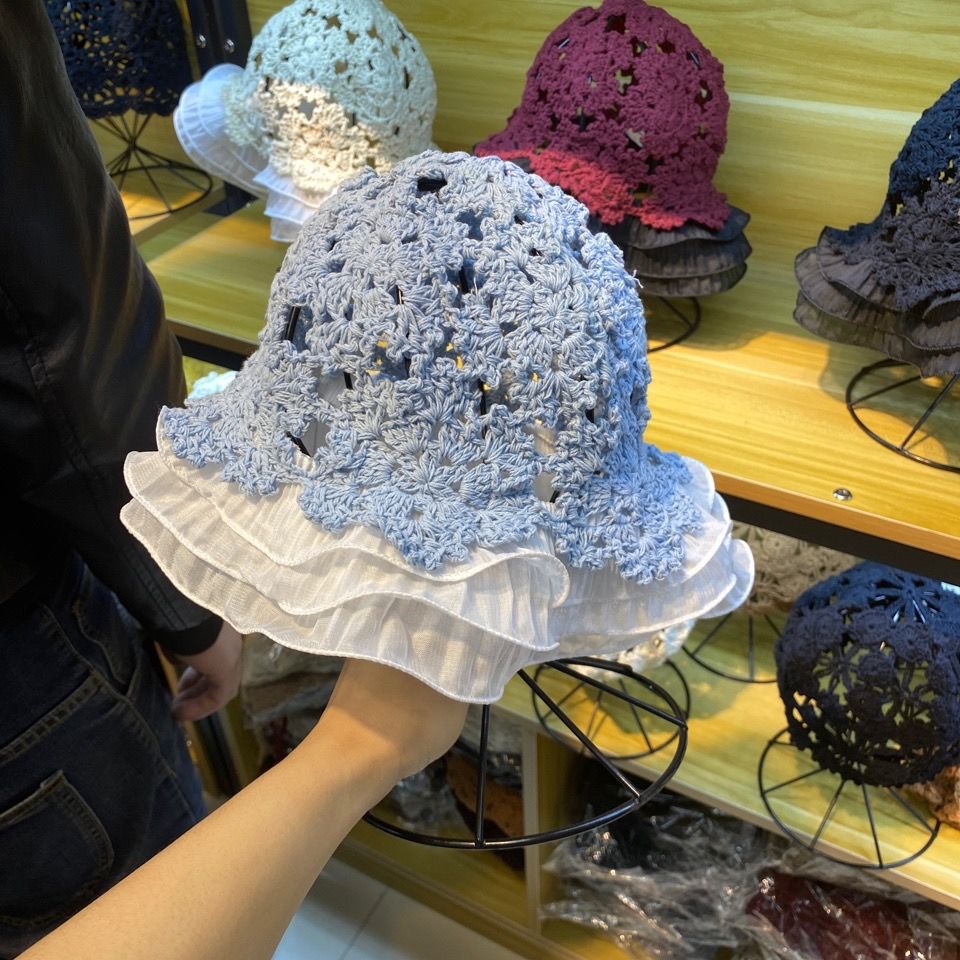 202012-yc2115 French garden Eyelash lace handmade crochet Ruffle Hollowing out acrylic leisure lady sun cap women hat: Sky Blue