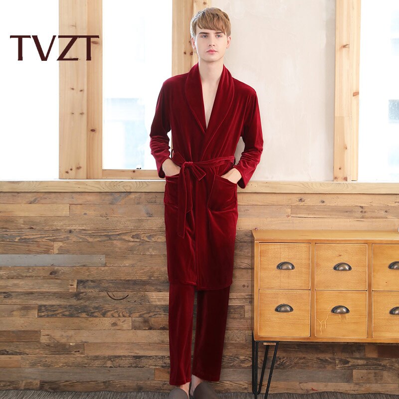 Tvzt Male Pajamas Set Polyester Full Trousers Men 2pcs/set Warm Thicken Flannel Autumn Winter Man Home Clothes Plus Size