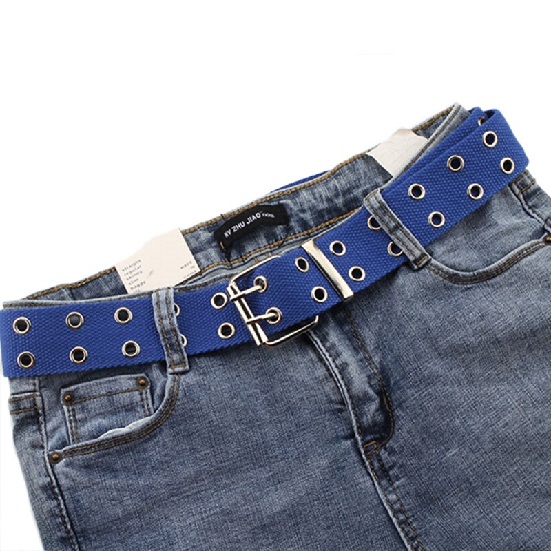 Harajuku Wide Canvas Web Double Grommet Hole Buckle Belt Female Male Waist Strap Belts for Women Men Jeans: Blue