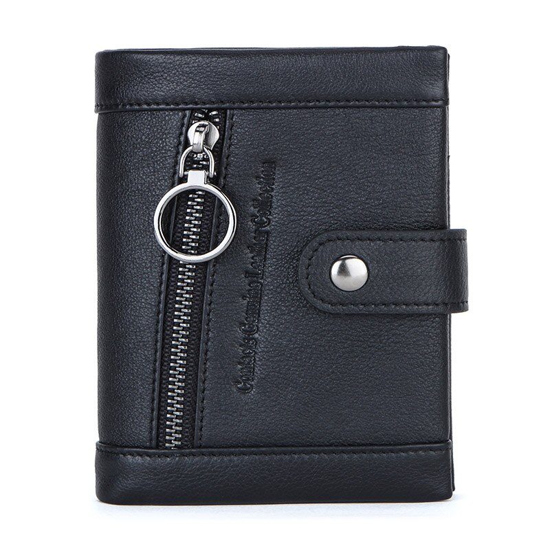 Genuine Leather Women Wallets Short Coin Purse Red Wallet Leather Rfid Card Holder Purse Zipper Female Coin Wallet Men: Black