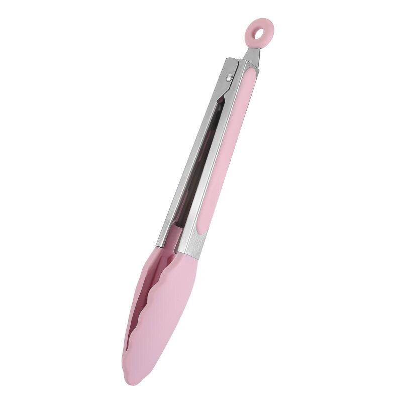 Hotec Premium Stainless Steel Locking with Silicon Tips Food Grade Silicone Tong Bread Serving Kitchen Tools BBQ: Pink
