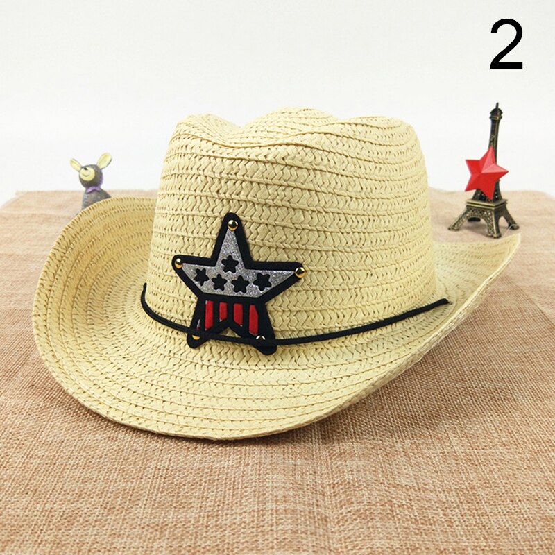 Sombrero de vaquero para niños Sombrero de Paja de verano sombrero de sol con parche de estrella de cinco puntas para niños y niñas: 2