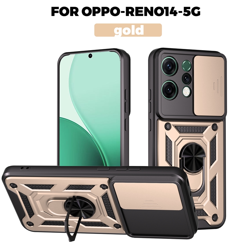 Funda protectora de anillo magnético Armor para OPPO Reno 14 Pro 14F 5G, Funda protectora de lente deslizante para Reno14 Reno14F: Cuero / Azul cielo