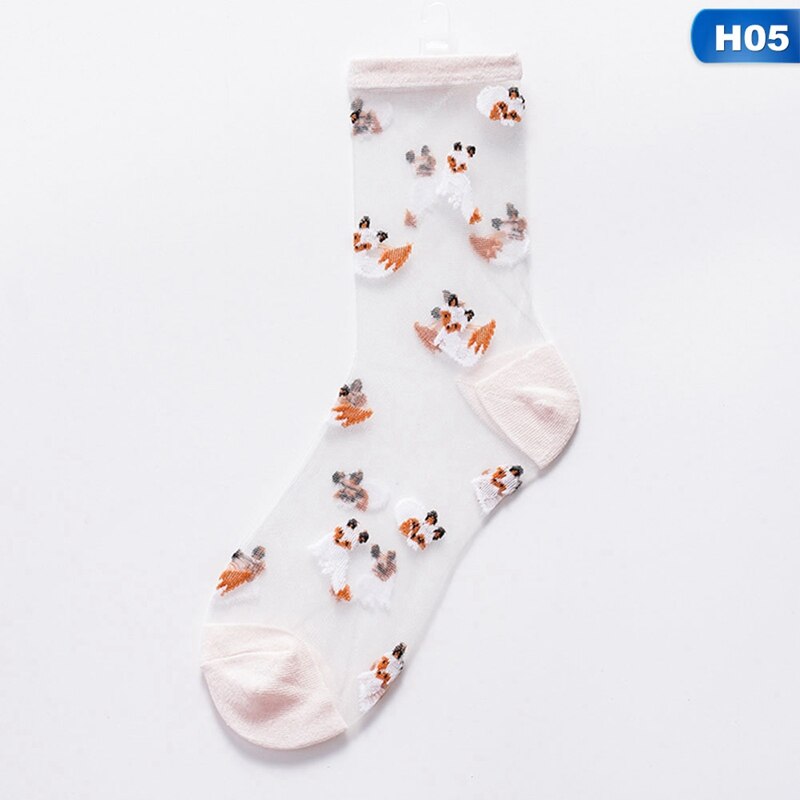 Spring Summer Tube Cotton Socks Breathable Casual Sports Socks Cartoon Animal Transparent Crystal Socks Card Silk Ladies Socks: H05