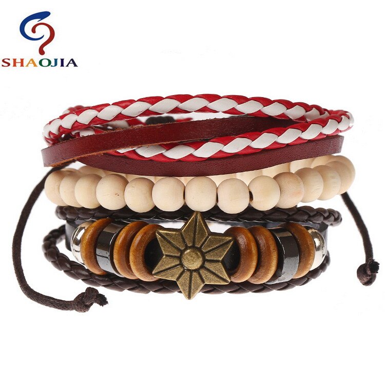 Leren armbanden sieraden heren modieuze jamaica armband verstelbare maat elastische kralen armband esdoornbladeren weven wikkelarmband: Tz028