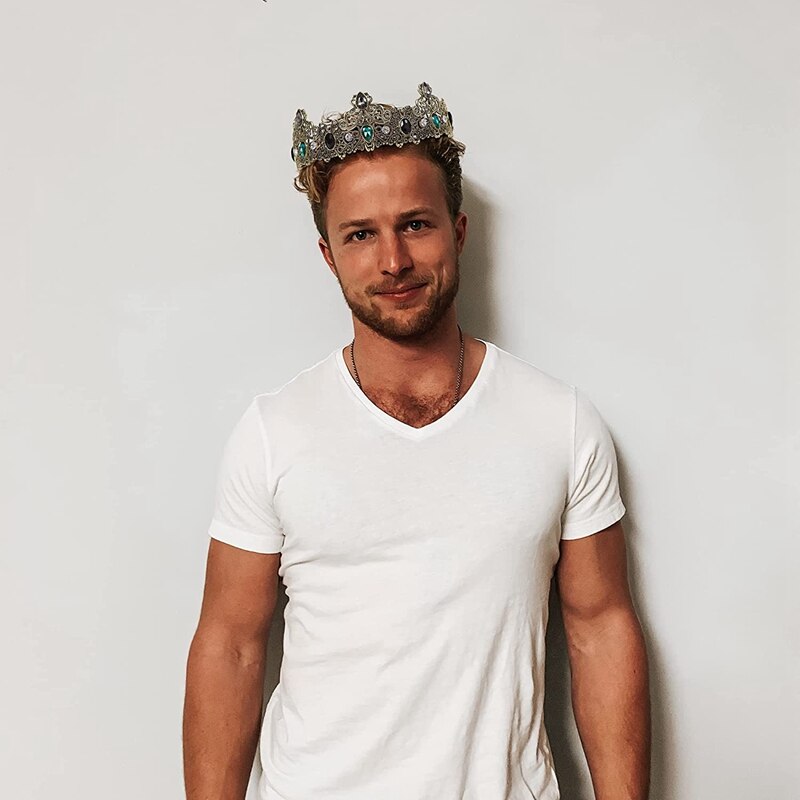 Couronnes de roi Vintage en métal pour hommes, couronne de roi complète avec strass vert, tiare d&#39;anniversaire pour hommes, couronnes de bal