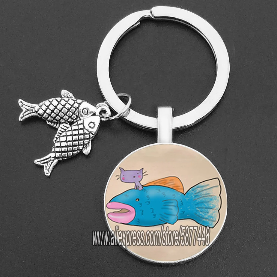 Ondeugende kat en vis glazen hanger sleutelhanger schattige kat die wil vis eten sleutelhangers voor vrouwen en schattig meisje: Black