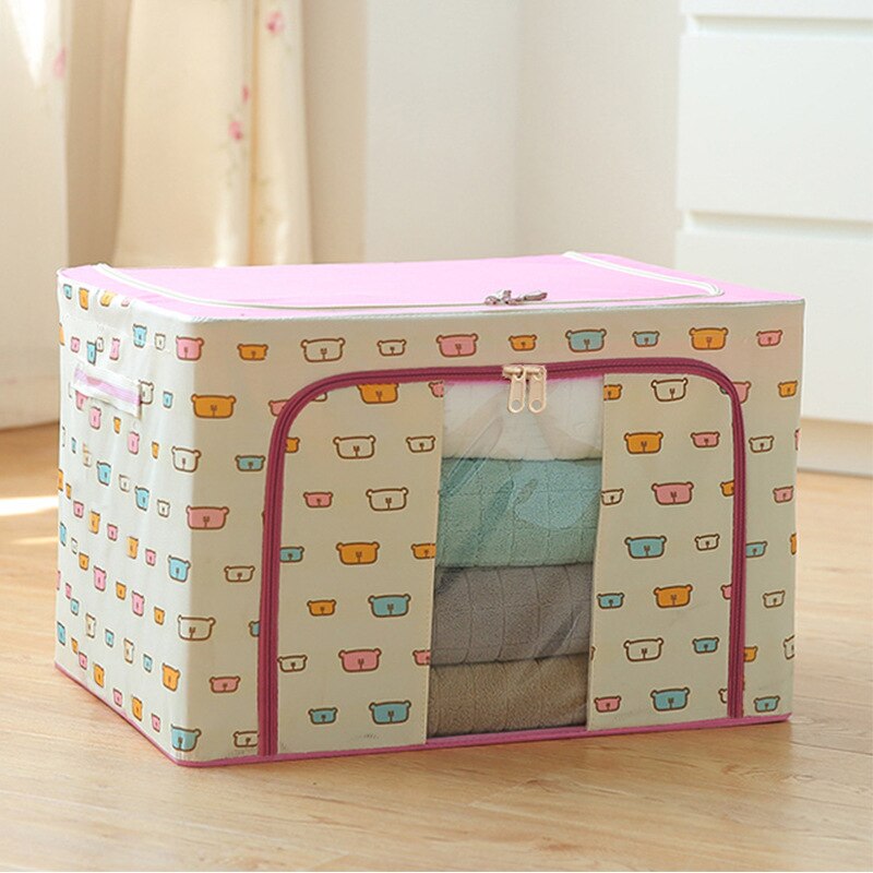 Steel Frame Storage Box Oxford Cloth Finishing Box Quilt Storage Box Folding WarDrobe Cloth Extra Large Storage Bag With Lid: Pink bear / 72 liters