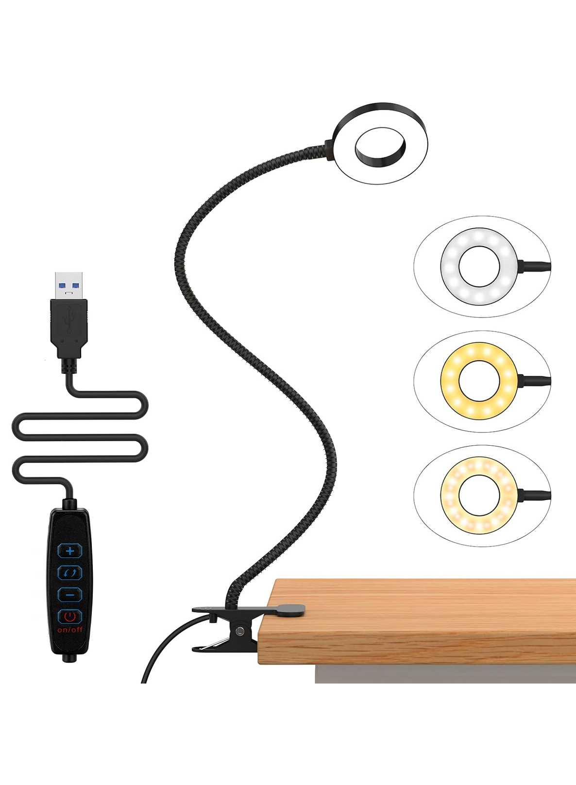 Flexível Gooseneck LED Desk Lamp, Luz de leitura com braçadeira, Luz livro para crianças, 3 modos de cores, 10 brilho: Preto