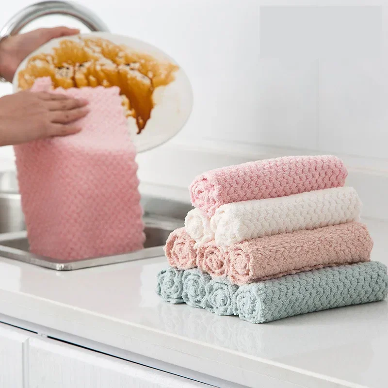 5/10 stuks Afwasdoekje Ananas Raster Coral Fleece Doek Huishoudelijke Keuken Reinigingsdoekje Non-stick Olie Sneldrogend