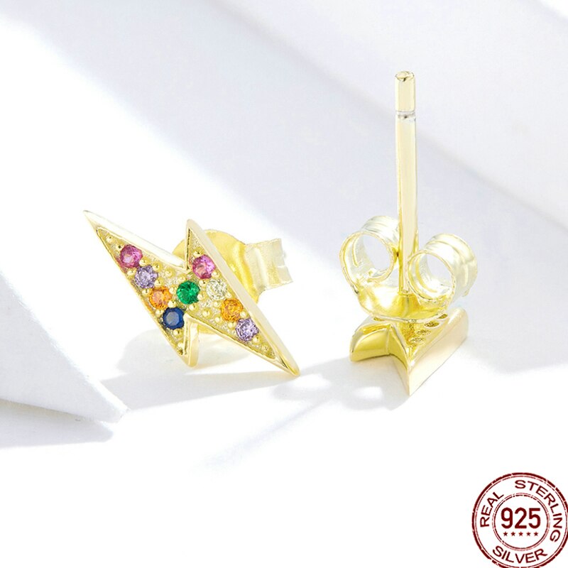 pendientes de tuerca con Flash para mujer, de Plata de Ley 925 auténtica, Color dorado y plateado, joyería, aretes pequeños para