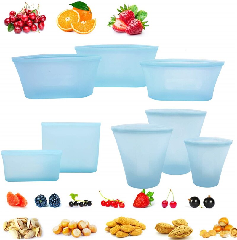 8 stk silikone frisk pose mad opbevaringsbeholdere sæt frisk skål kop taske genanvendelig stå op lynlåse taske frugt grøntsagskop arrangør