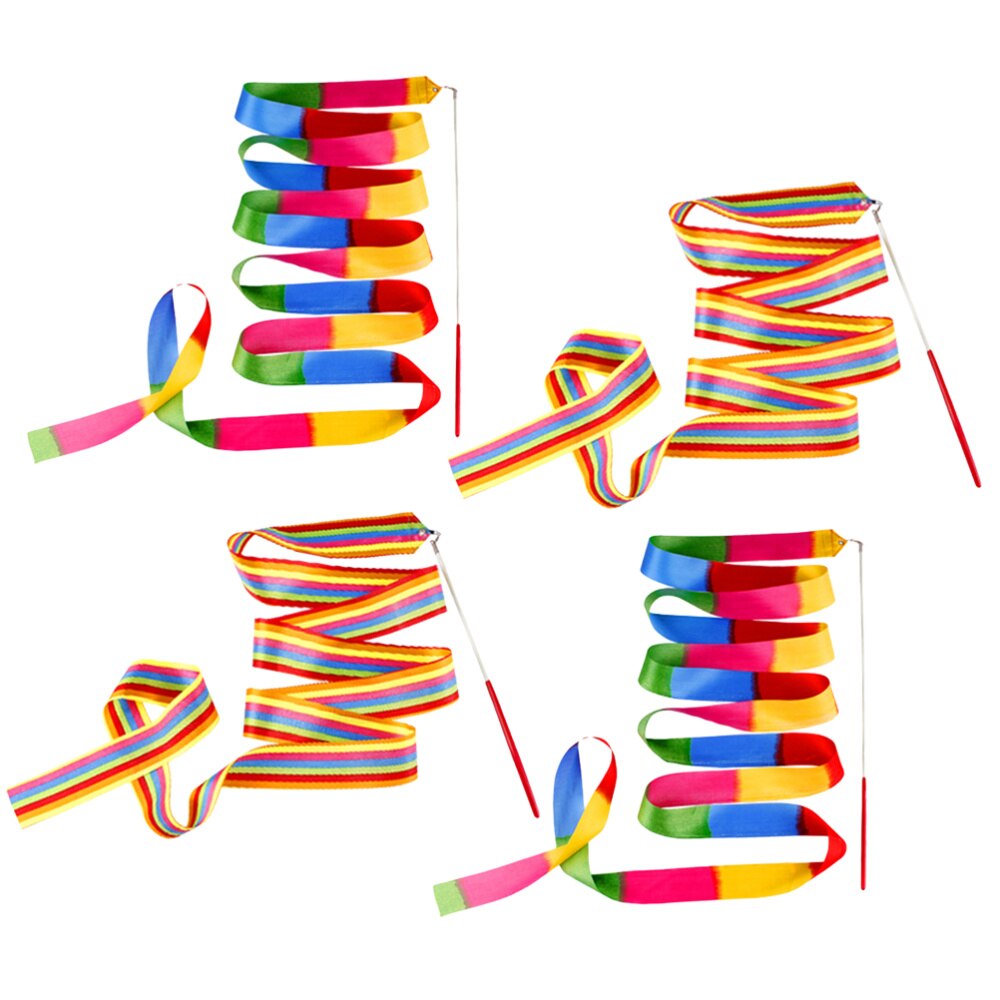 4 Pcs Rhythmic Art Gymnastics Ribbon Children Dancing Streamers Riband Twirling Rod for Performing Trainning Sports (Rainbow Typ: Default Title