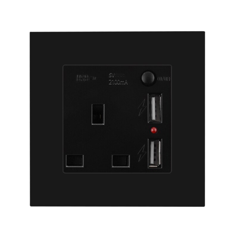 With Small Switch UK Standard Dual USB Outlet Port 5V 2.1A Wall Charger Adapter LED Indicator 13A Socket Black Plastic Panel: UK socket Switch USB