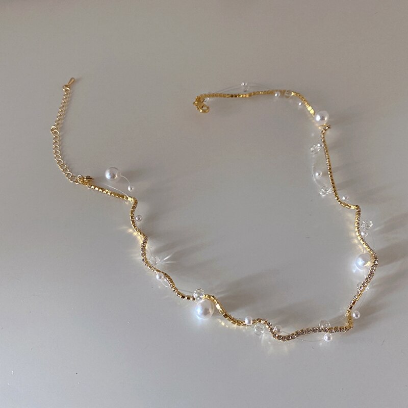 Mengjiqiao 2022 Koreaanse Elegante Parel Kralen Choker Voor Vrouwen Mode Vis Lijn Strass Hanger Ketting Bruiloft Sieraden