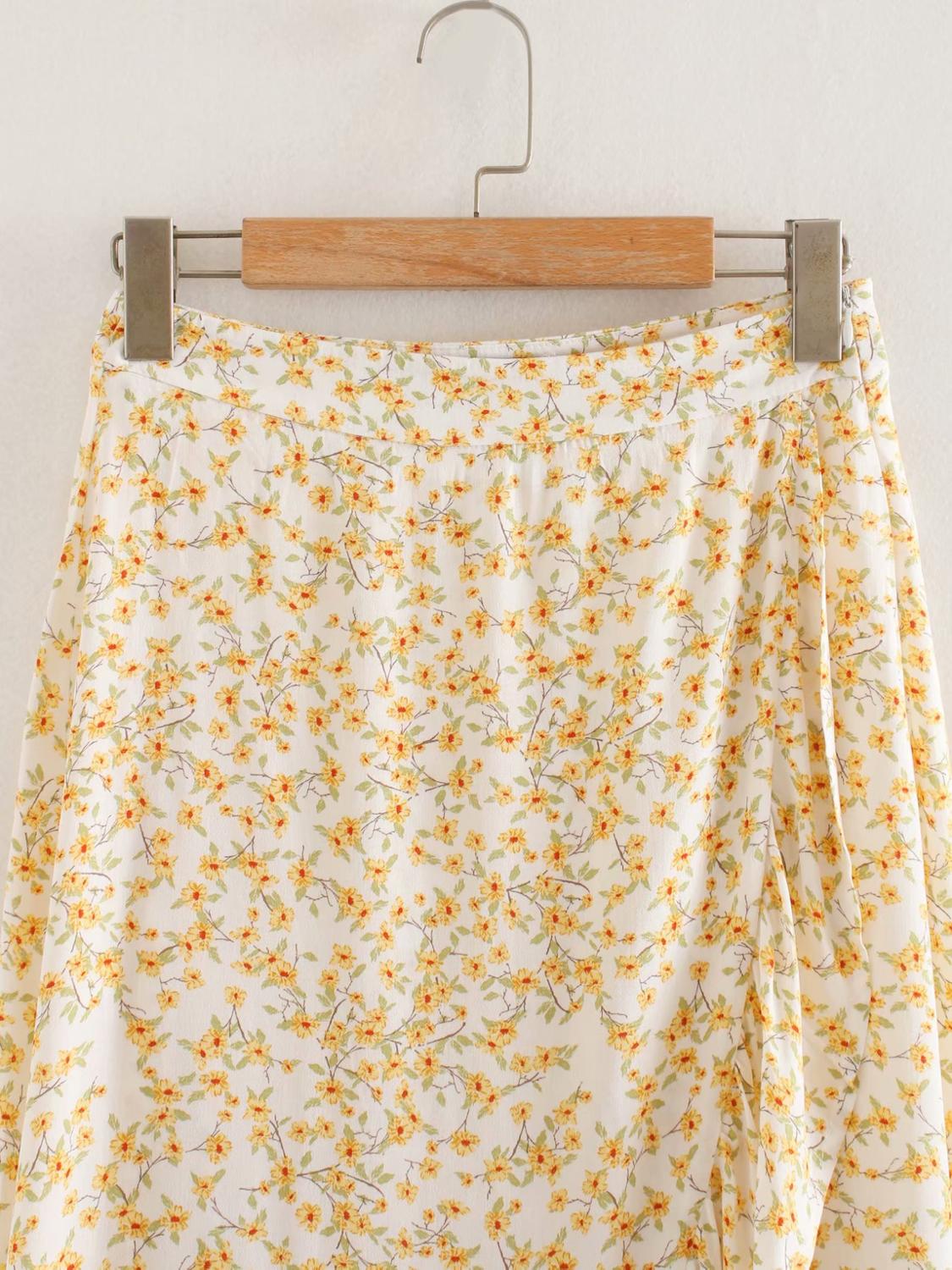 Women yellow flower print irregular pleated ruffles midi skirt faldas mujer ladies side zipper vestido skirts QUN611