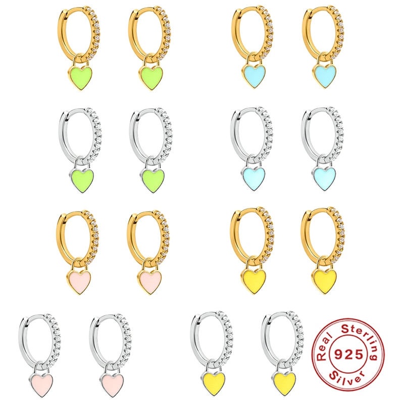 GS 925 Sterling Silver Hoop Earrings With Cute Candy Neon Color Enamel Heart Charm Earring Gold Silver Color For Girls