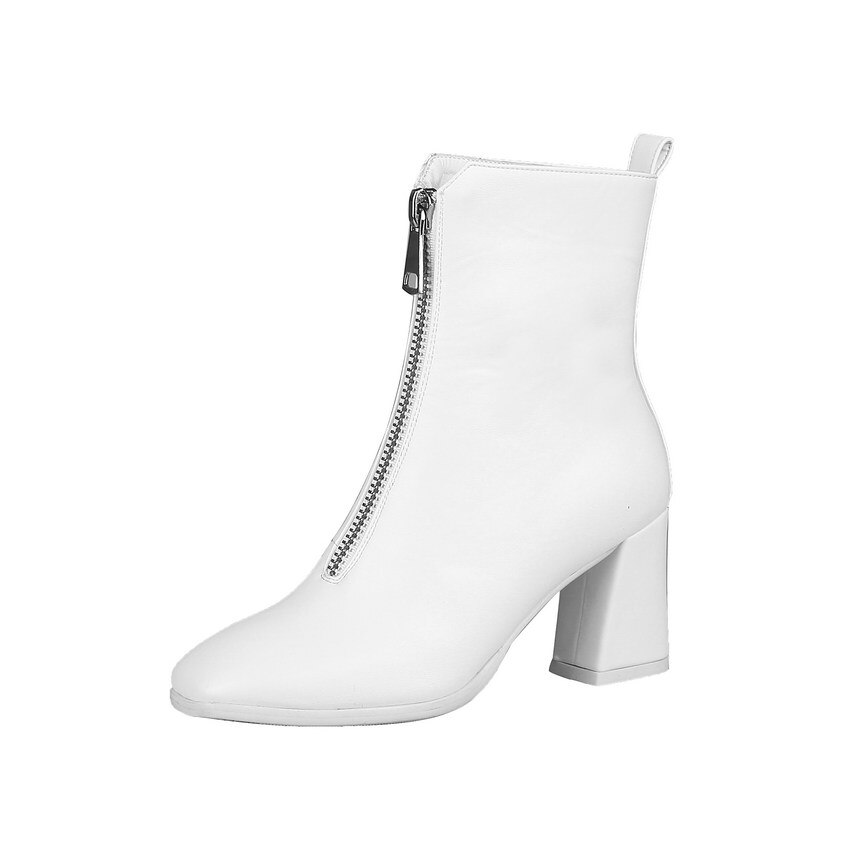 Qutaa Vrouwen Enkellaarsjes Vierkante Hoge Hak Winter Laarzen Mode Vrouwen Schoenen Pu Leer Rits Casual Vrouwen Laarzen Maat 34-43: WHITE / 5