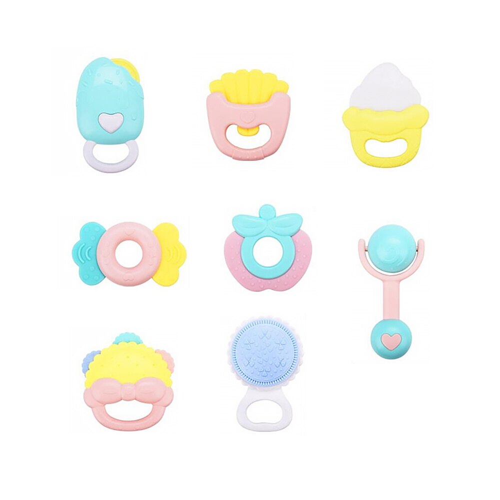 8Pcs Bijtring Hand Rammelaar Speelgoed Mooie Draagbare Veilig Silicone Tanden Massage Speelgoed Tafelbel Rammelaar Speelgoed Molaire Staven Voor Peuter baby