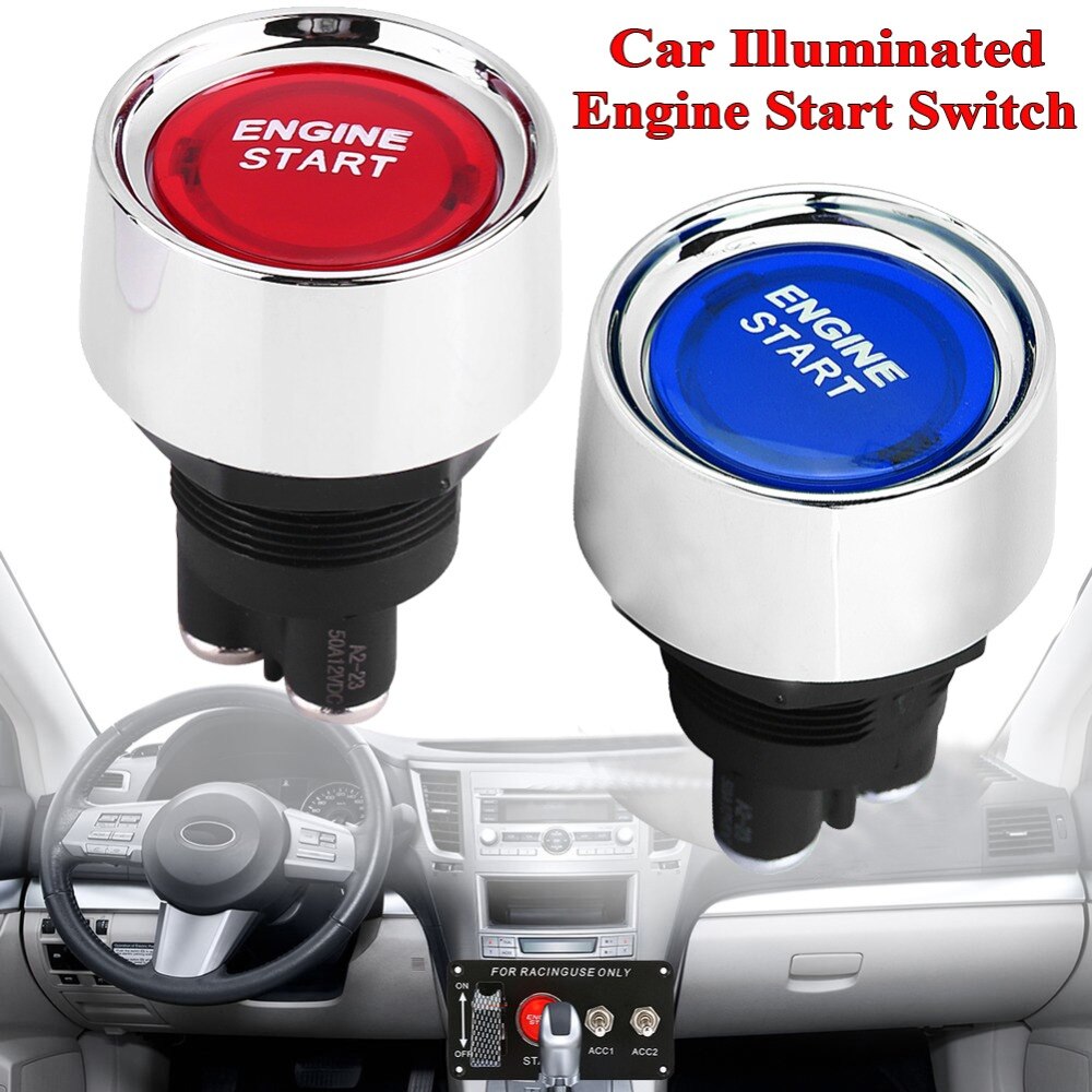 12V/24V 50A Car Engine Start Push Button LED Light Ignition Starter Power Switch Illuminated Red Button With Removable Chrome