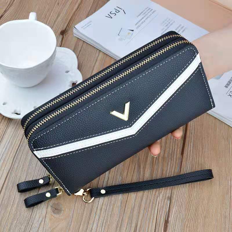 Women&#39;s wallet V Ladies mobile phone bag long ladies clutch bag star Double zipper hand strap bag Multiple color 697: black  v v 697