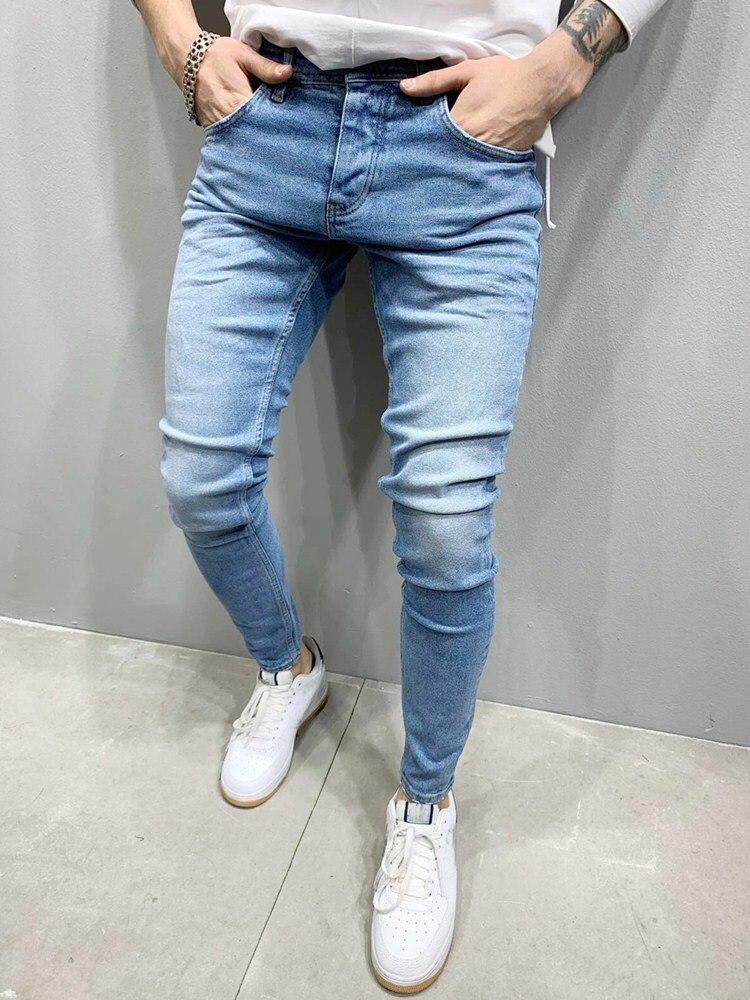 Jeans Men Elastic Waist Skinny Jeans Men Stretch Ripped Pants Streetwear Mens Denim Jeans Blue: Light blue / XXXL
