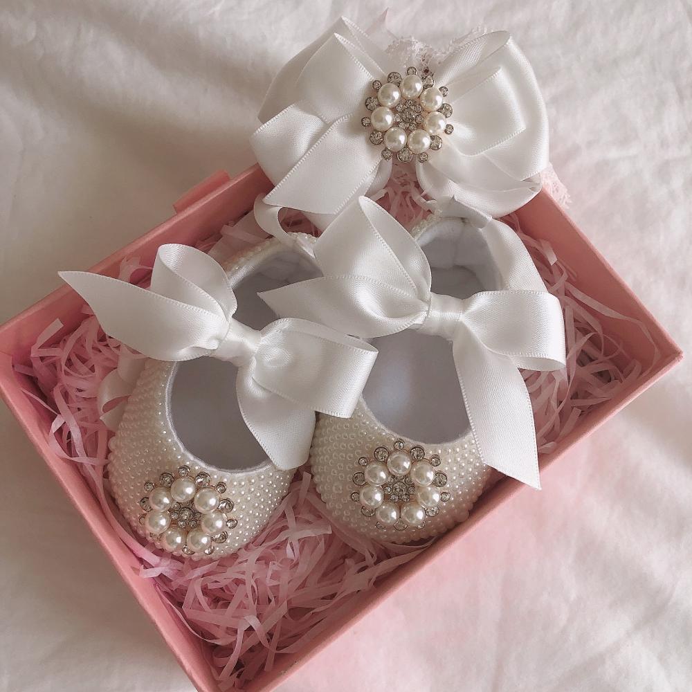 Dukke sæt med pandebånd dåb baby sko juvel perle sparkle småbørns fødselsdagsfest nyfødt sko baby shower