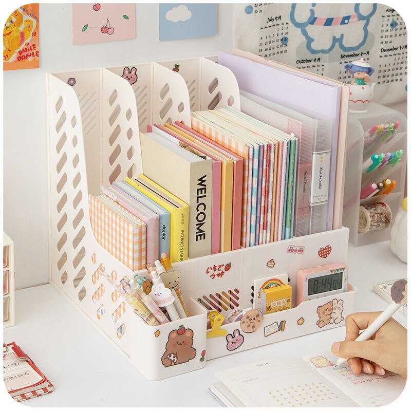 Kawaii Desk Organizer File Tray Desk Book Stand Office Desk Book Storage Box Bookends Book Shelf Stationery Organizer