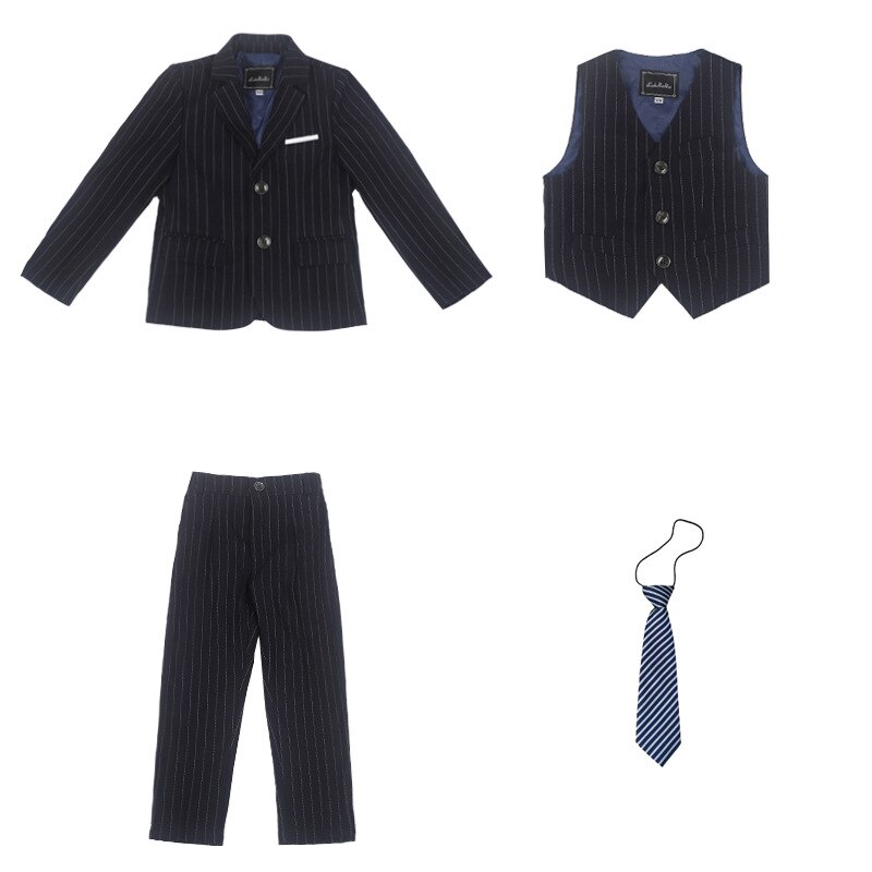 Children Formal Suits Flower Boys Wedding Party Performance Host Costume School Kids Striped Blazer Vest Pants 3pcs Outfits: navy 3pcs set / 9T