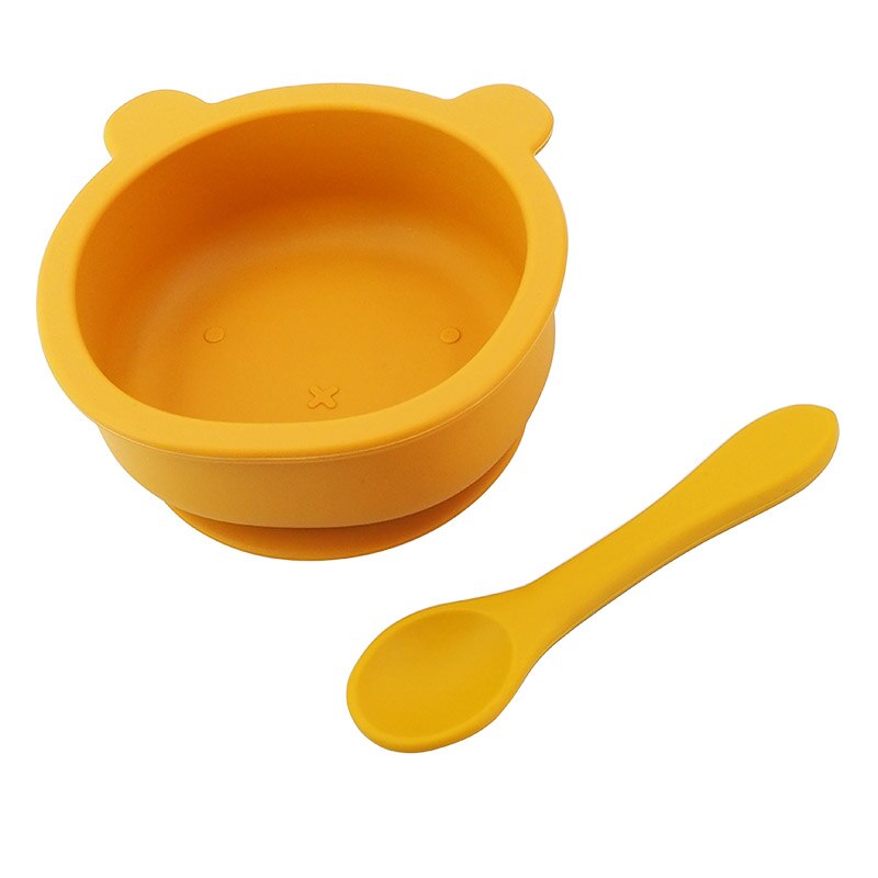 Chenkai 5Set 9 Color Baby Feeding Bowl Bear Shape Food Grade Silicone Anti-Flip Suction Tableware Infant Waterproof Bowl Spoon: Mustard
