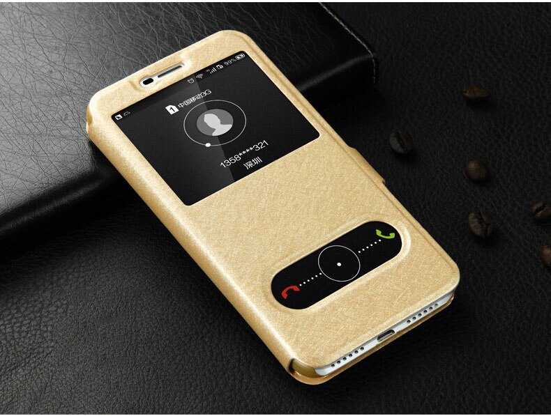 For Huawei Y3 Case Flip 5.0 Luxury Quick View Window Case For Huawei Y3 Cover PU Leather CRO-L22 CRO-U00 Phone Cases: Gold