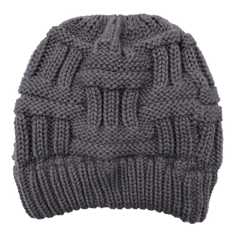 Women Winter Chunky Plaid Crochet Knitted Beanie Hat with Ponytail Hole High Messy Bun Solid Color Stretch Snow Ski Skull Cap: Gray
