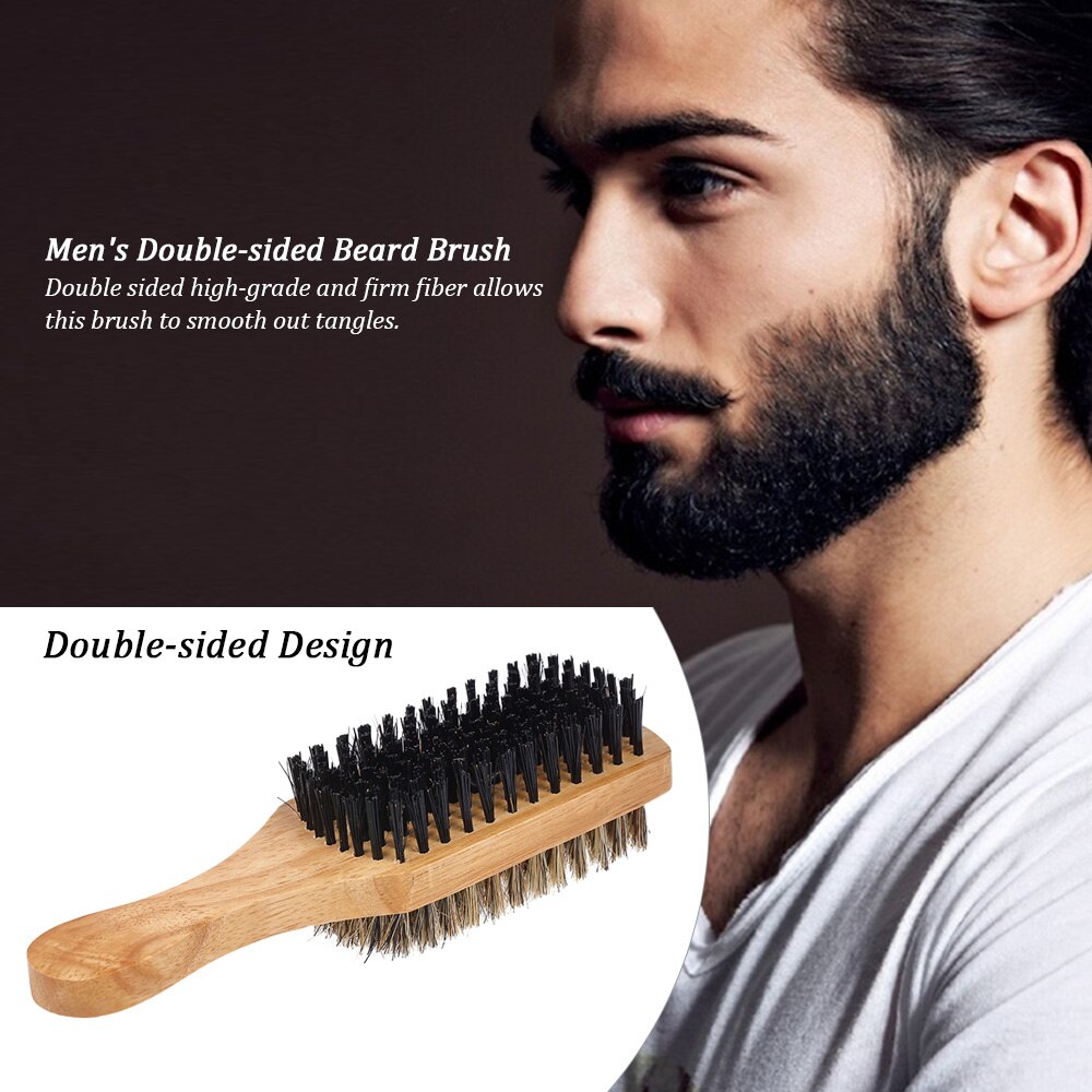 Træskaft herre skæg børste herre overskæg børster kam dobbeltsidet ansigtshår børste mandlige ansigt besked barberkost værktøj