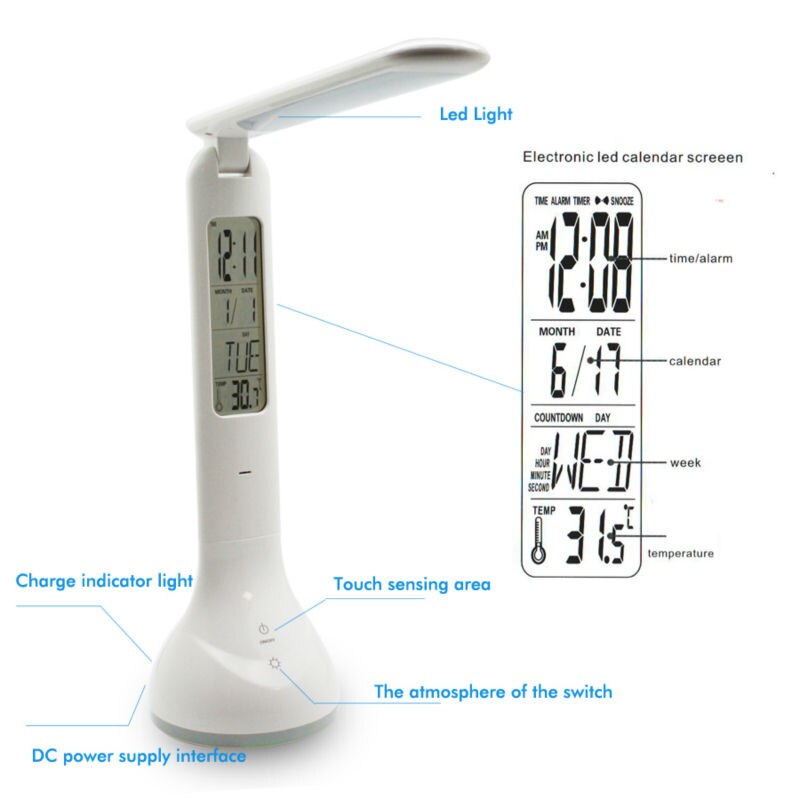 Led Bureaulamp Tafellamp Opvouwbare Dimbare met Kalender Temperatuur Wekker Sfeer Kleuren Veranderen Boek Licht