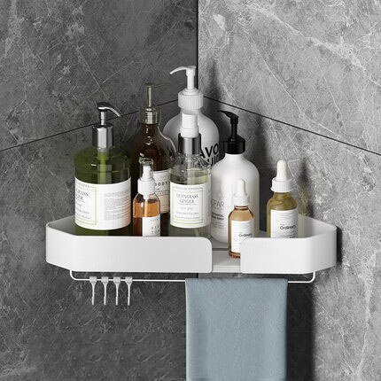 Væghængt hjørneopbevaringsstativ sort badeværelseshylde bruseopbevaring trekanthylder håndklædestang badeværelsestilbehør: Hvid b